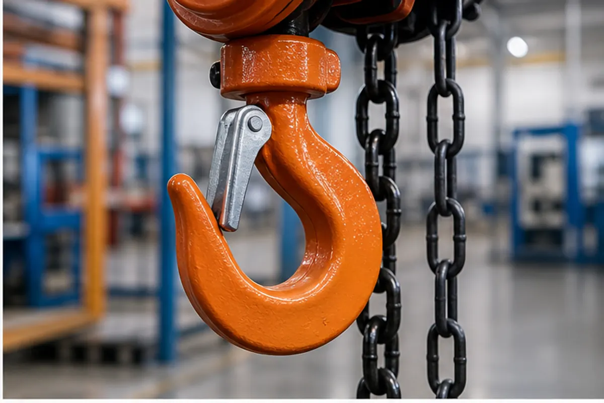 Forged hoist hook and safety latch checked before lifting