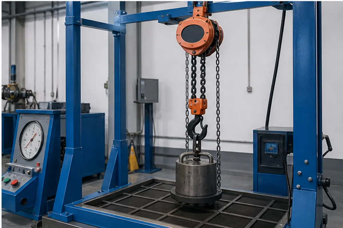 Chain hoist on a test bench for brake and operation verification