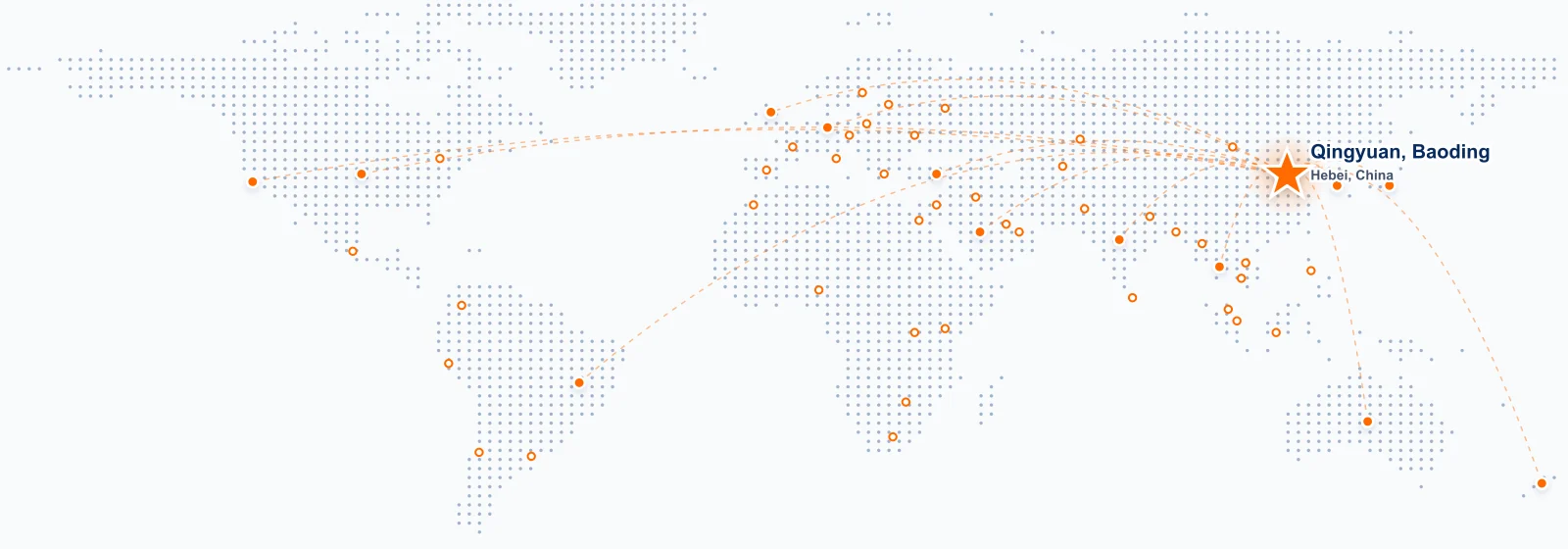 World dot map showing shipments from Qingyuan, Baoding, Hebei to more than 50 countries